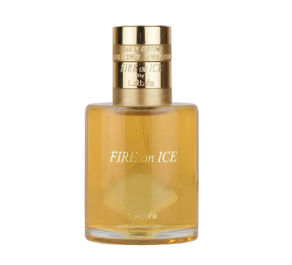 Perfume bottle labeled 'Fire on Ice' with gold cap on a white background