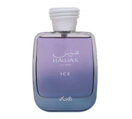 Perfume bottle labeled 'Hawas for Him Ice' on a white background