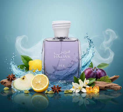 Perfume bottle labeled 'Hawas for Him Ice' on a white background