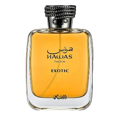 A bottle of Haloas Exotic fragrance for men, featuring a clear glass bottle filled with golden amber liquid and a textured silver cap, set against a plain white background.