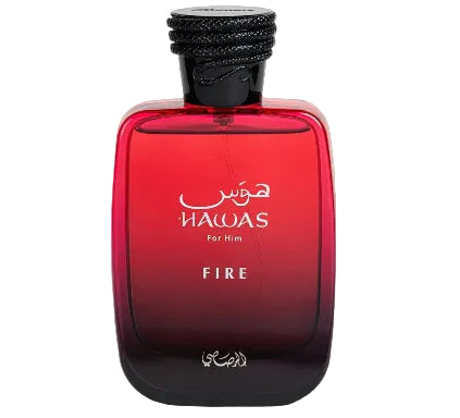 Red perfume bottle labeled 'Hawas' with black cap on a light gray background