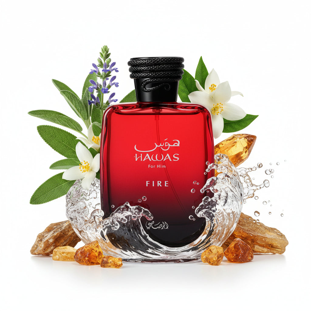 Red perfume bottle labeled 'Hawas' with black cap on a light gray background