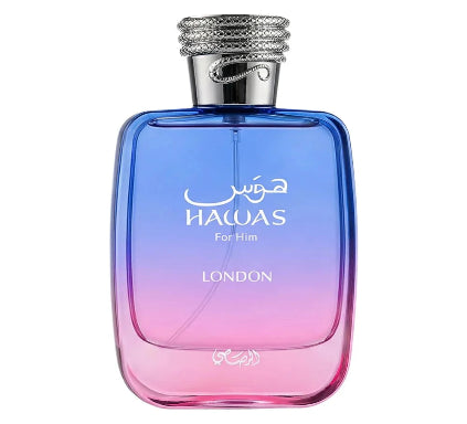 Gradient blue to pink perfume bottle with 'Hawas' branding on a white background