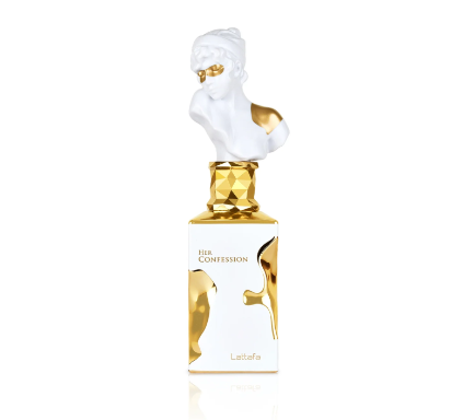 Perfume bottle with gold and white design on a white background