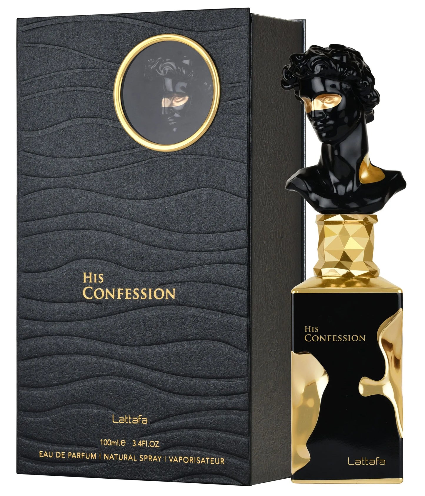Perfume bottle and packaging of 'His Confession' by Lattafa on a white background