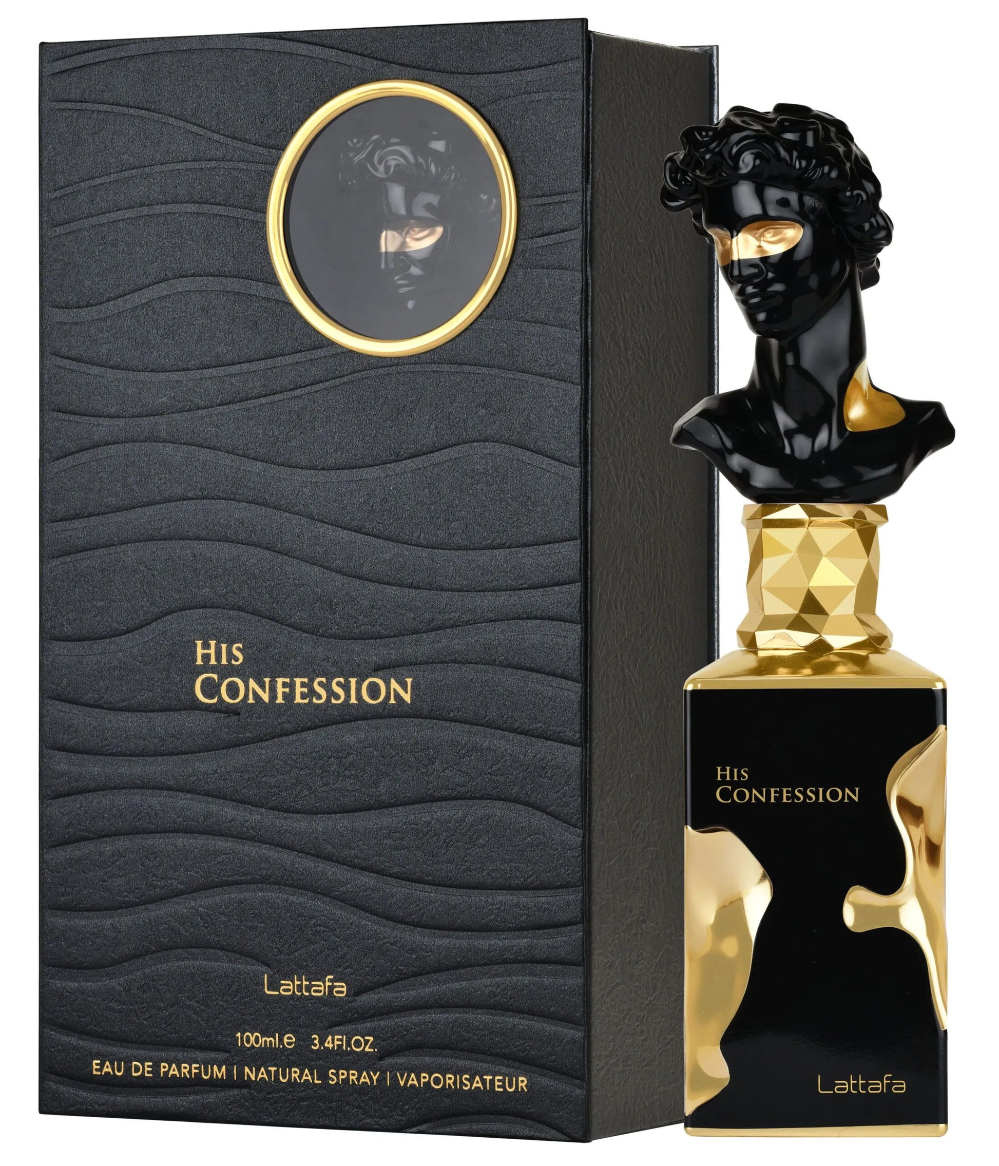 Perfume bottle and packaging of 'His Confession' by Lattafa on a white background
