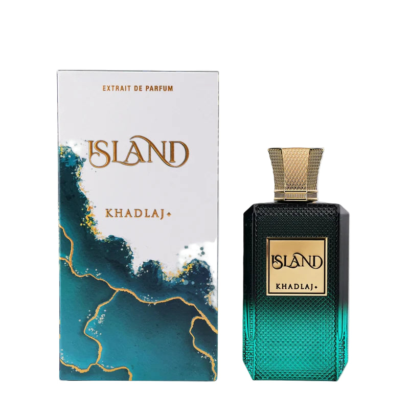Khadlaj Island perfume bottle and packaging on a white background