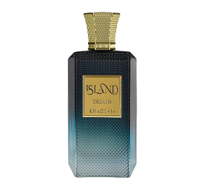 Perfume bottle labeled 'Island Dreams Khadlai' with gold cap and label on a white background