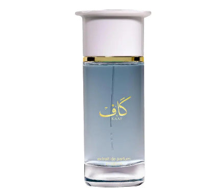 A cylindrical glass perfume bottle with a white cap and gold lettering, containing a light blue liquid, set against a plain white background.