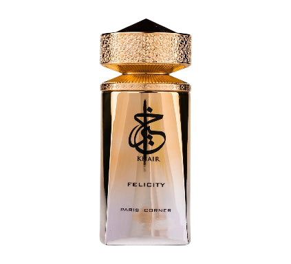 Perfume bottle with gold cap and black logo on a white background