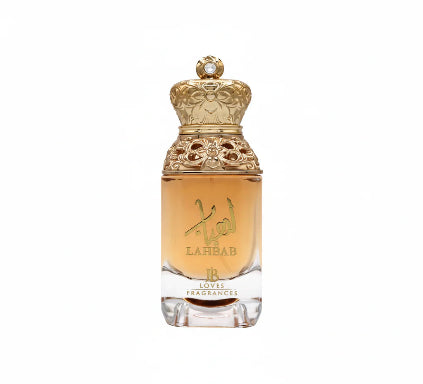 Perfume bottle with ornate gold cap on a white background