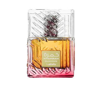 Perfume bottle with a clear and pink design on a white background