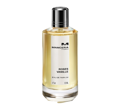 Mancera Roses Vanille perfume bottle on a white background