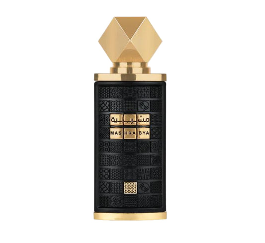 Perfume bottle with gold cap and black body on a white background
