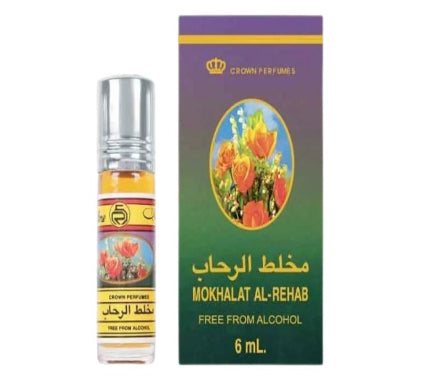 Perfume bottle and packaging of Mokhalat Al-Rehab with floral design on a white background