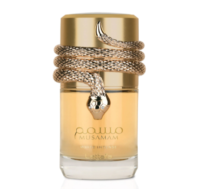 Perfume bottle with gold cap and decorative elements on a white background