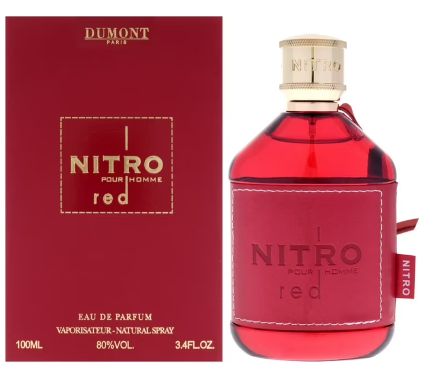 Red Nitro pour Homme perfume bottle and packaging with Dumont branding.