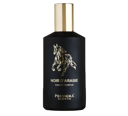 Black perfume bottle with gold cap and horse design on a white background