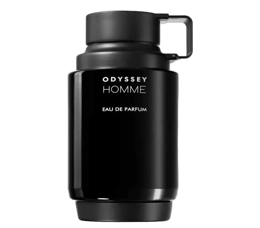 Black perfume bottle labeled 'Odyssey Homme' on a light gray background