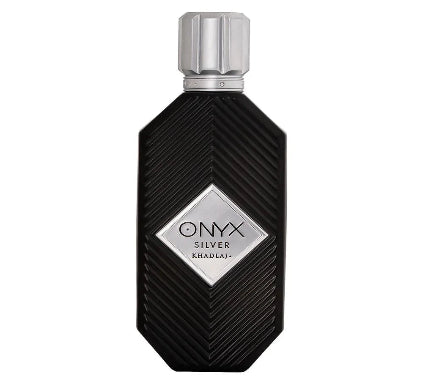 Black perfume bottle with silver cap and 'Onyx Silver' label on a white background