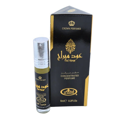 Perfume bottle with black label and gold accents on a white background