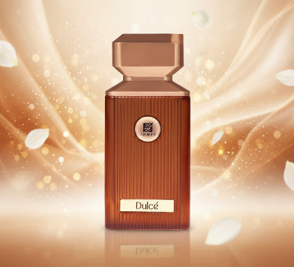 Perfume bottle labeled 'Dulce' with a gold cap on a white background