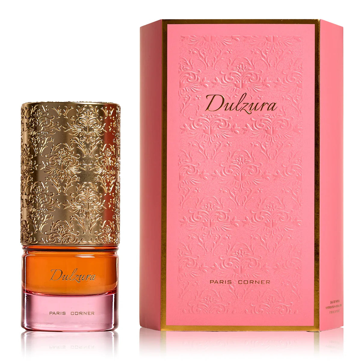 Perfume bottle and packaging with 'Dulzura' branding on a white background