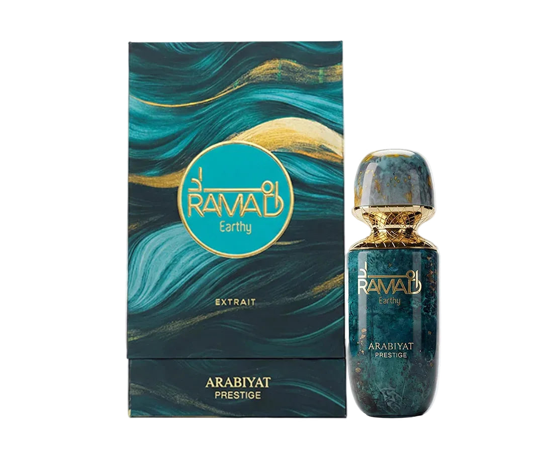 Perfume bottle and packaging of Ramad Arabiyat Prestige on a white background