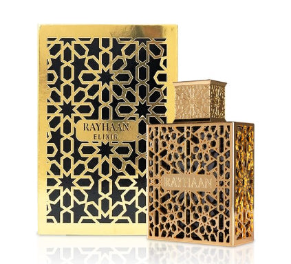 Gold and black 'Rayhaan Elixir' perfume bottle and packaging on a white background