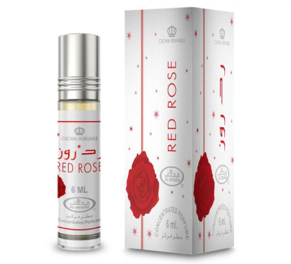 Perfume bottle and packaging of 'Red Rose' by Crown Perfumes on a white background