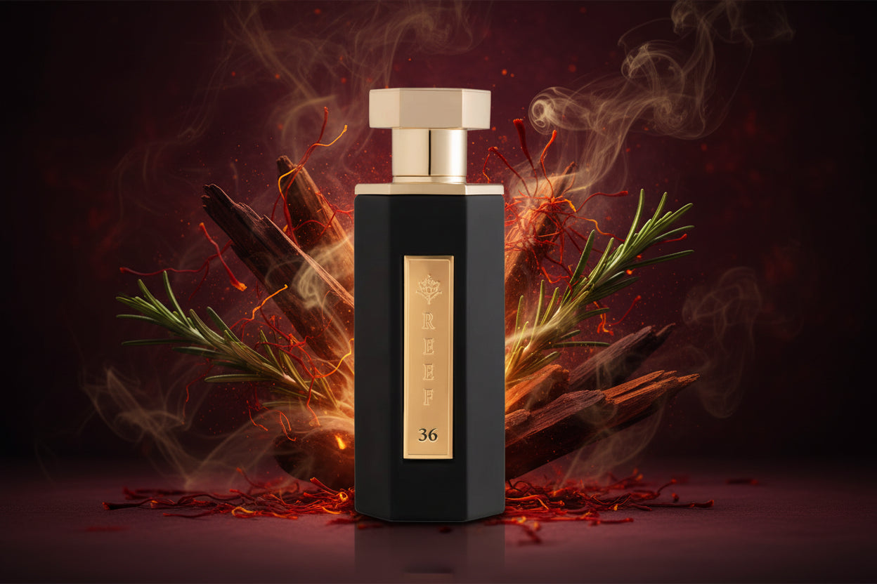 Black and gold perfume bottle on a white background