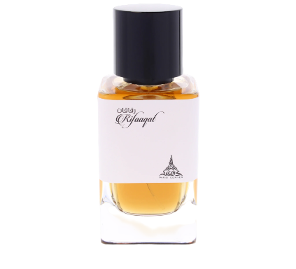 Perfume bottle with a white label on a white background
