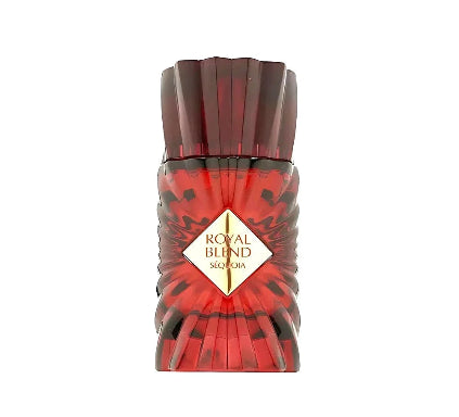 A faceted glass perfume bottle for Royal Blend Sequoia, featuring a vibrant red and dark brown marbled pattern with a gold diamond-shaped label in the center, set against a plain white background.
