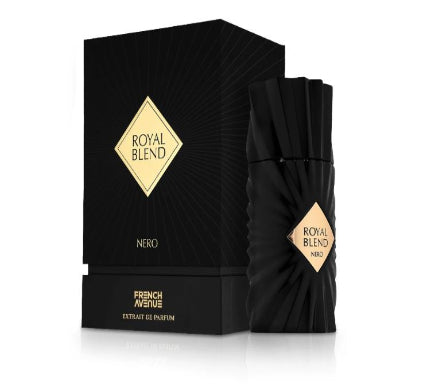 Black 'Royal Blend Nero' perfume bottle and packaging on a white background
