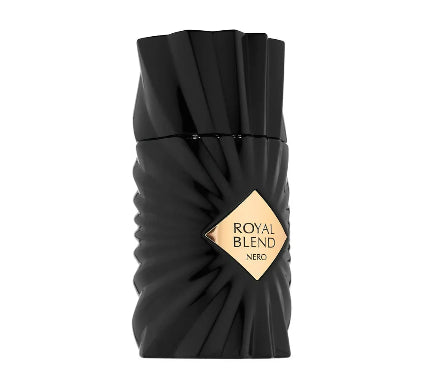 Black perfume bottle with gold label on a white background