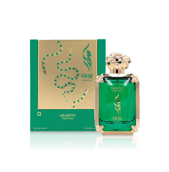 Arabiyat Prescience Swar Eau de Parfum bottle and its green and gold packaging box, displayed on a clean white background with a subtle reflection.
