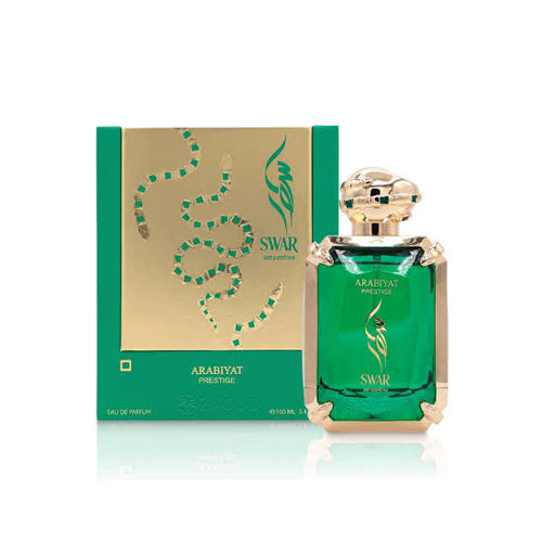 Arabiyat Prescience Swar Eau de Parfum bottle and its green and gold packaging box, displayed on a clean white background with a subtle reflection.