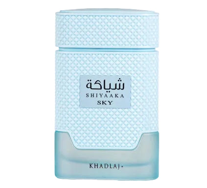Shiyaaka Sky perfume bottle by Khadlaj, featuring a textured light blue cap and body with a frosted light blue base, on a white background.