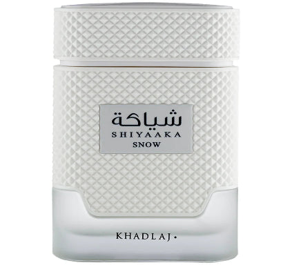 White perfume bottle with textured design and 'Shiyaaka Snow' label on a white background