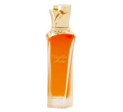 Vanilla Aura perfume bottle with gold cap on a white background
