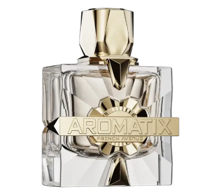 A clear glass perfume bottle with a faceted gold cap and a gold front label reading 'AROMATIX' and 'FRENCH AVENUE', shown on a plain white background.